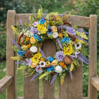 Jarný dekoratívny veniec na dvere z farebných kvetov, levandule a prírodných prvkov zavesený na drevenej stoličke v záhrade