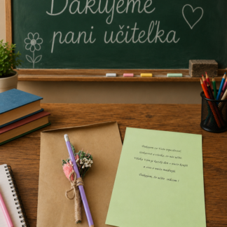 Darček pre pani učiteľku s mini sušenou kytickou, ceruzkou a venovaním v rôznych farebných tónoch.